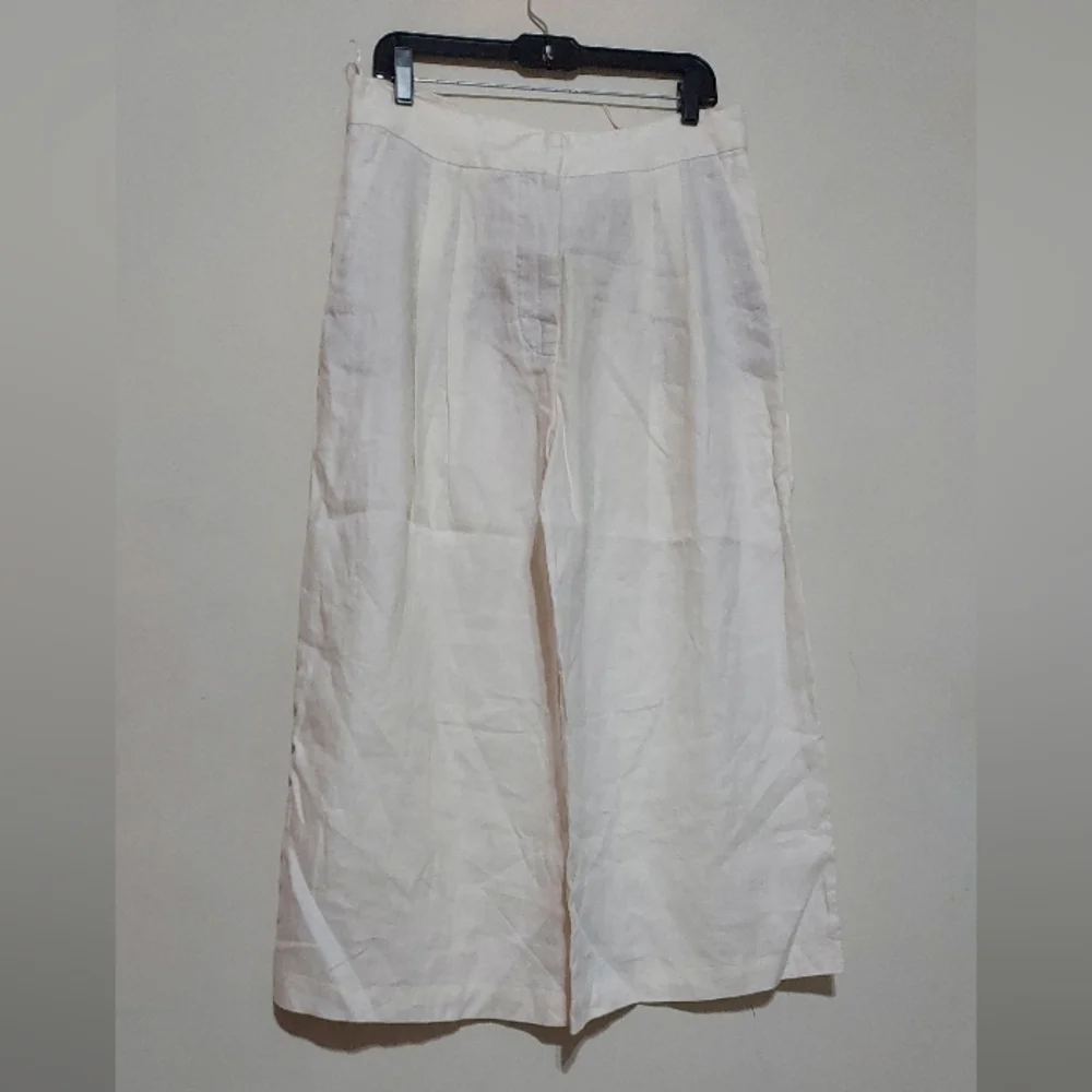 Zara Zw Collection 100% Linen Wide Leg Cream Cropped Pleated Pants Sz-L